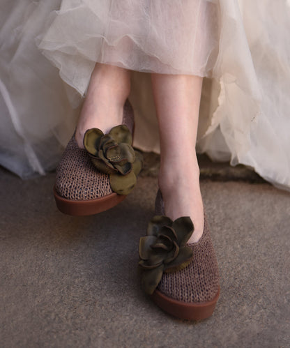 Handmade Grey Platform Sheepskin Comfy Splicing Floral Flat Shoes