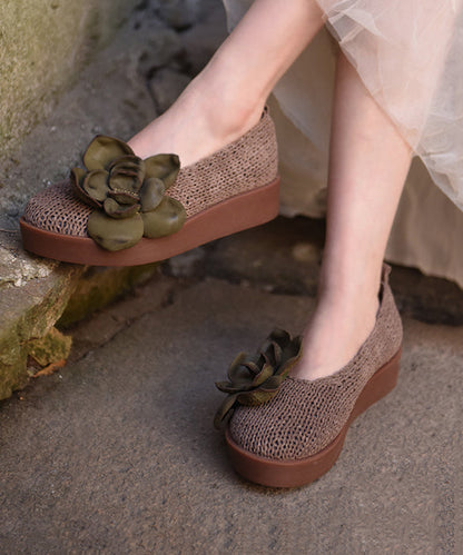 Handmade Grey Platform Sheepskin Comfy Splicing Floral Flat Shoes