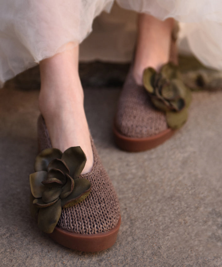 Handmade Grey Platform Sheepskin Comfy Splicing Floral Flat Shoes
