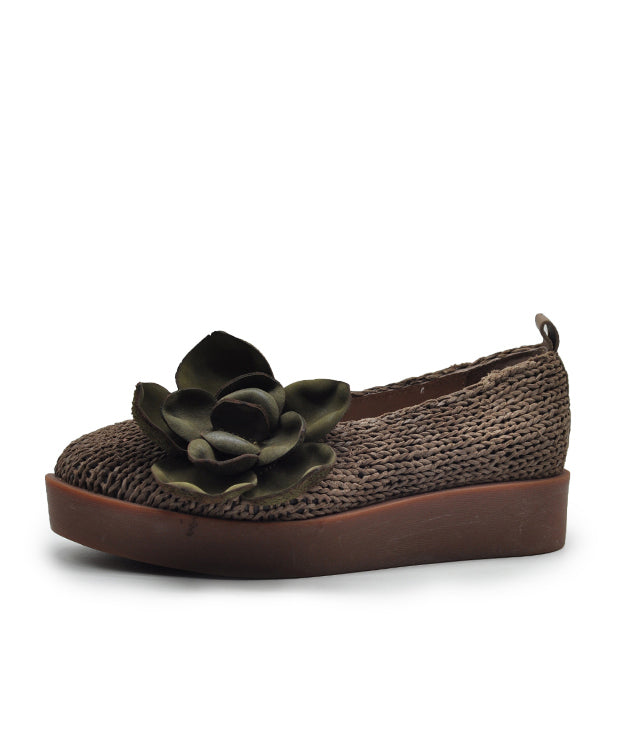 Handmade Grey Platform Sheepskin Comfy Splicing Floral Flat Shoes