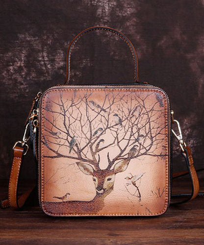 Handgemachte Tote-Handtasche aus Kalbsleder mit grauem Aufdruck