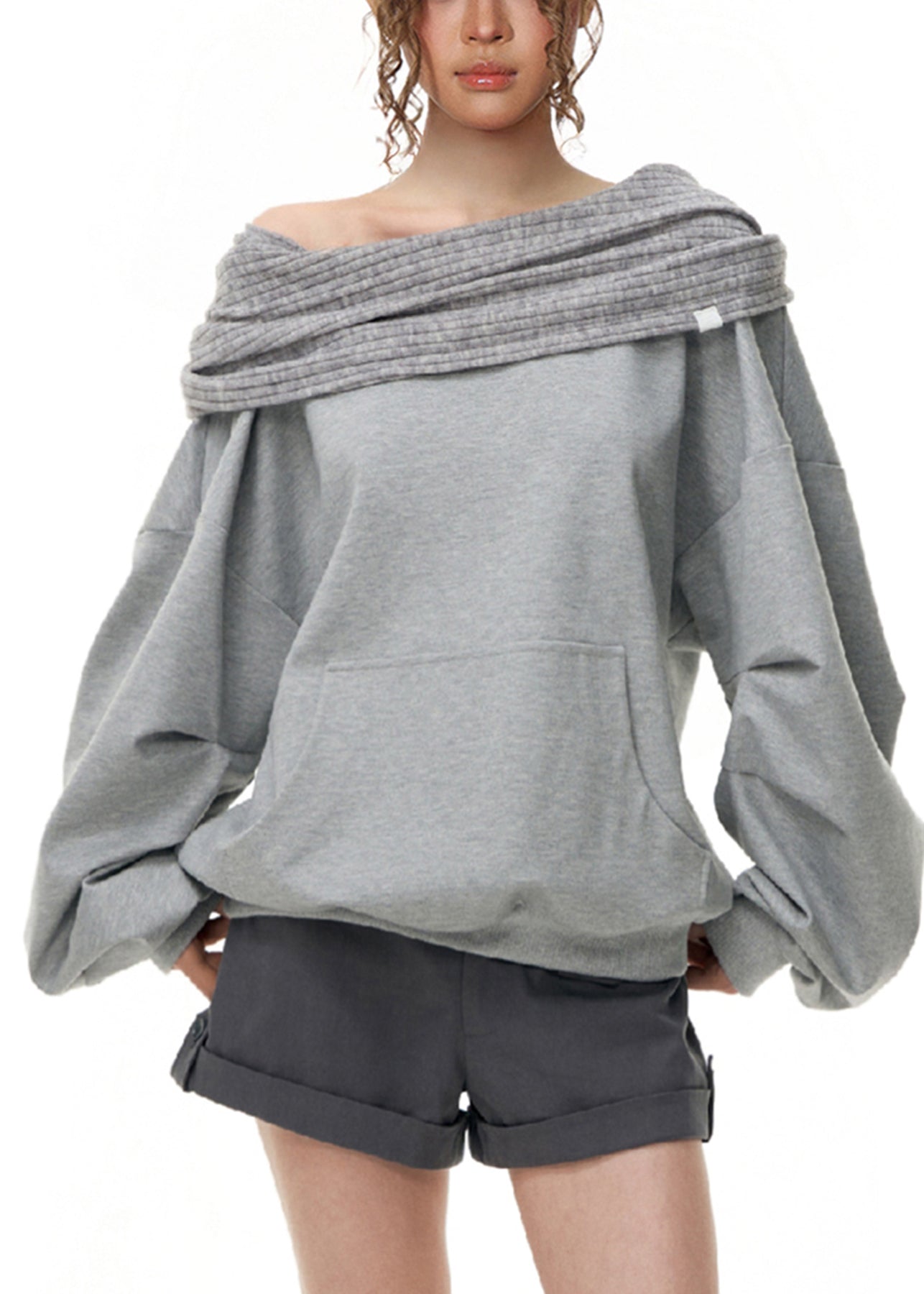 Handmade Grey Slash Neck Patchwork Loose Sweatshirt Fall