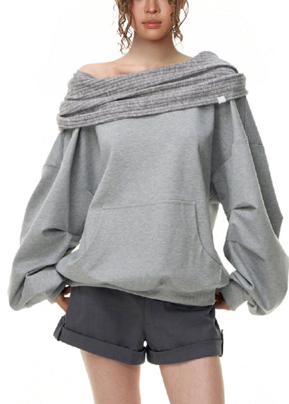 Handmade Grey Slash Neck Patchwork Loose Sweatshirt Fall