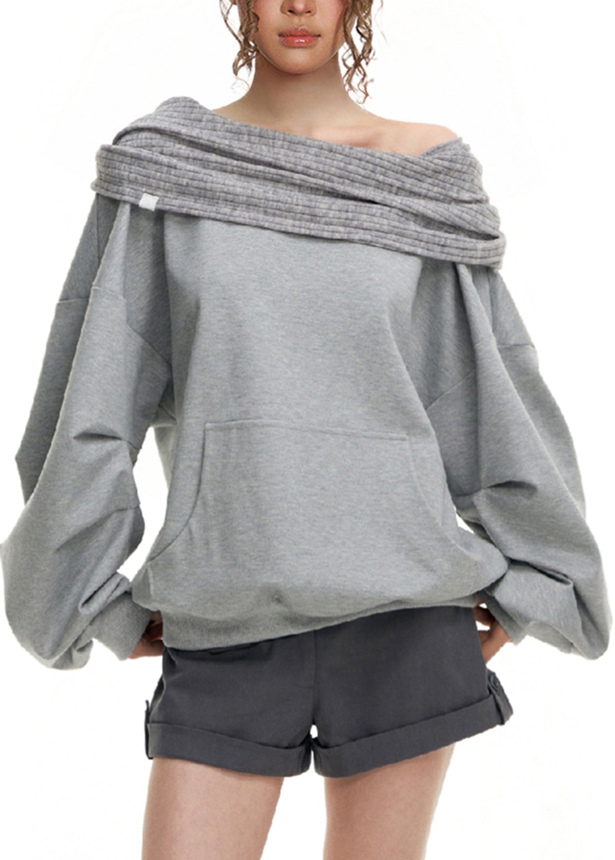 Handmade Grey Slash Neck Patchwork Loose Sweatshirt Fall