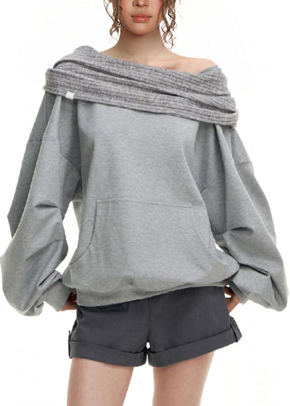 Handmade Grey Slash Neck Patchwork Loose Sweatshirt Fall