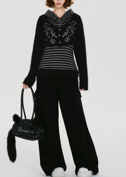 Handgefertigter grauer, gestreifter Patchwork-Strickpullover im Zweiteiler-Look für den Winter