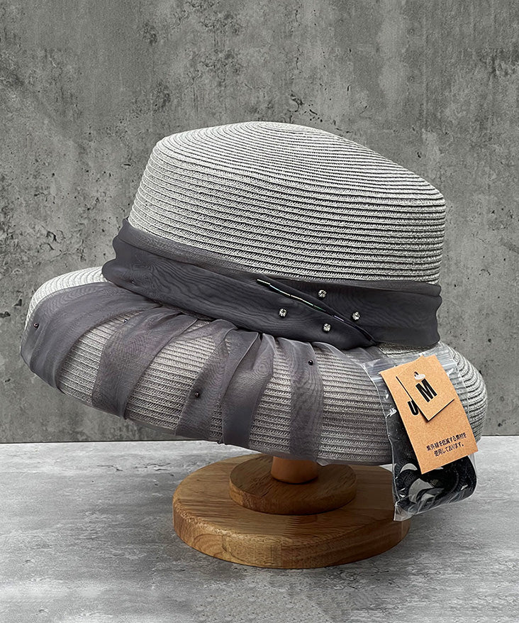 Handmade Grey Tulle Zircon Straw Woven Floppy Sun Hat