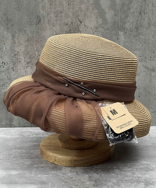 Handmade Grey Tulle Zircon Straw Woven Floppy Sun Hat