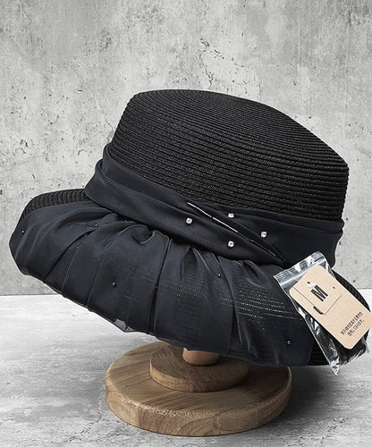 Handmade Grey Tulle Zircon Straw Woven Floppy Sun Hat