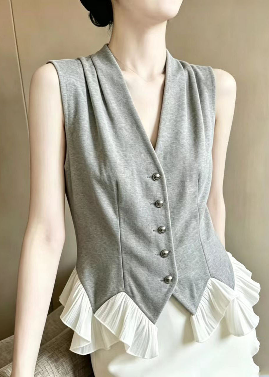 Handmade Grey Wrinkled Patchwork Ruffles Cotton Vests Summer