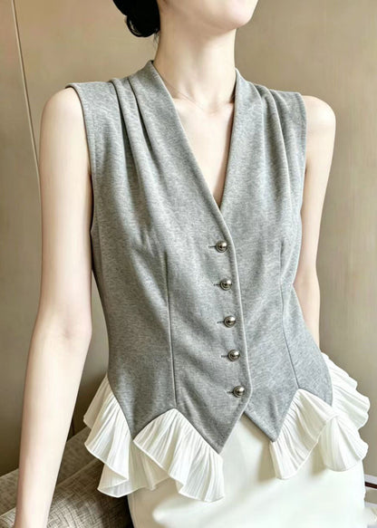 Handmade Grey Wrinkled Patchwork Ruffles Cotton Vests Summer