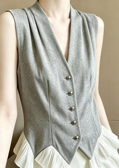 Handmade Grey Wrinkled Patchwork Ruffles Cotton Vests Summer