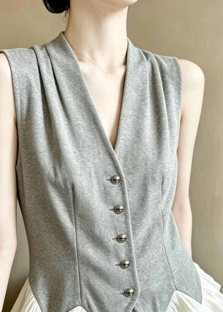 Handmade Grey Wrinkled Patchwork Ruffles Cotton Vests Summer