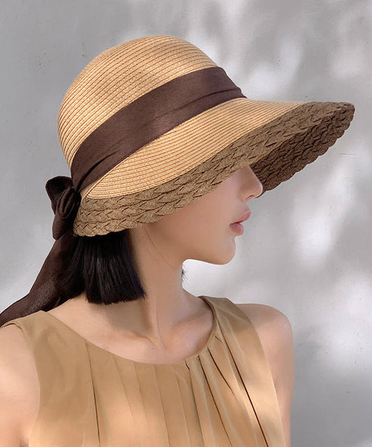 Handmade Khaki Bow Straw Woven Floppy Sun Hat