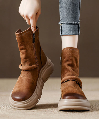 Handgefertigte Plateau-Stiefel aus khakifarbenem Rindsleder mit Ziernähten