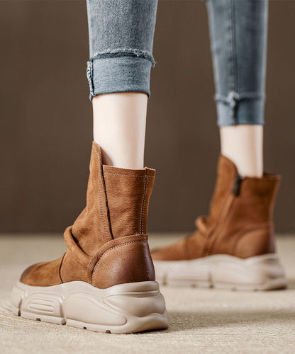 Handgefertigte Plateau-Stiefel aus khakifarbenem Rindsleder mit Ziernähten