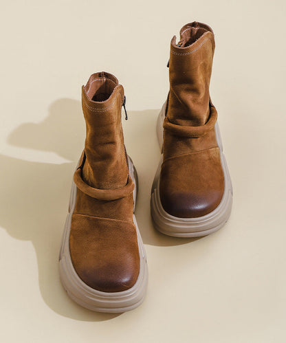 Handgefertigte Plateau-Stiefel aus khakifarbenem Rindsleder mit Ziernähten