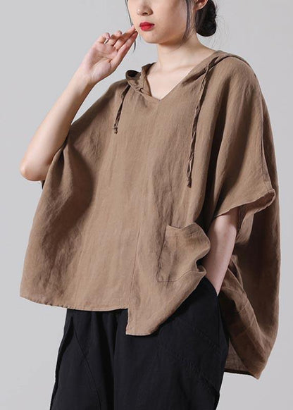 Handmade Khaki Loose Cotton Linen Shirt Tops Summer - SooLinen
