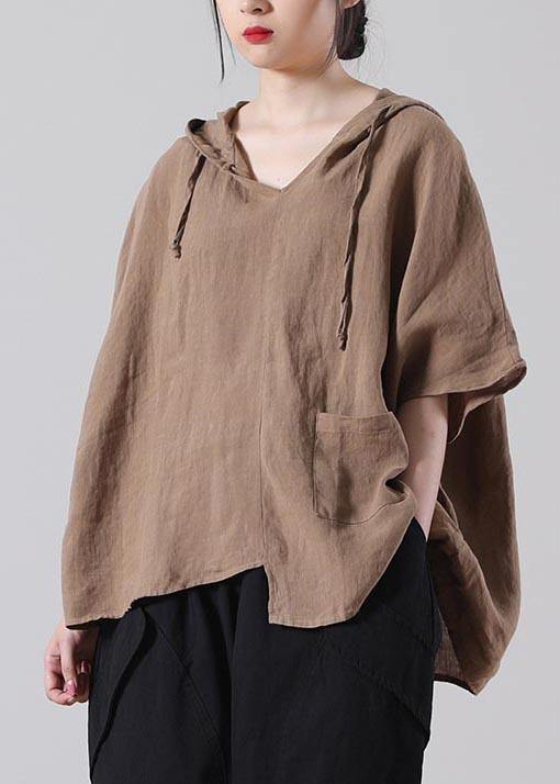 Handmade Khaki Loose Cotton Linen Shirt Tops Summer - SooLinen