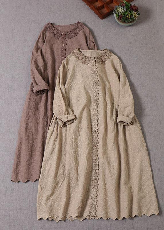 Handmade Khaki Pockets Button Embroideried Fall wrinkled Maxi Dresses Long sleeve - SooLinen
