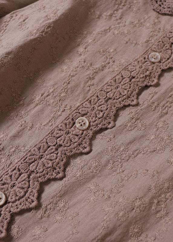 Handmade Khaki Pockets Button Embroideried Fall wrinkled Maxi Dresses Long sleeve - SooLinen