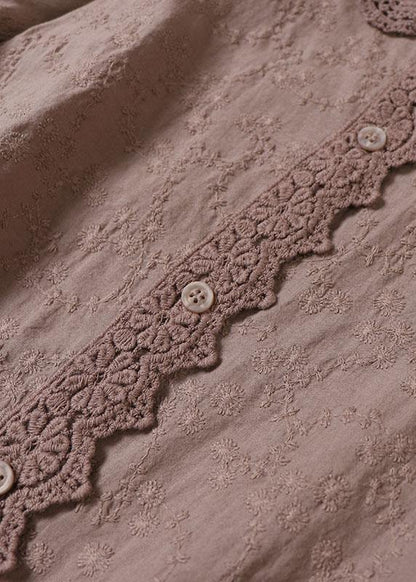 Handmade Khaki Pockets Button Embroideried Fall wrinkled Maxi Dresses Long sleeve - SooLinen