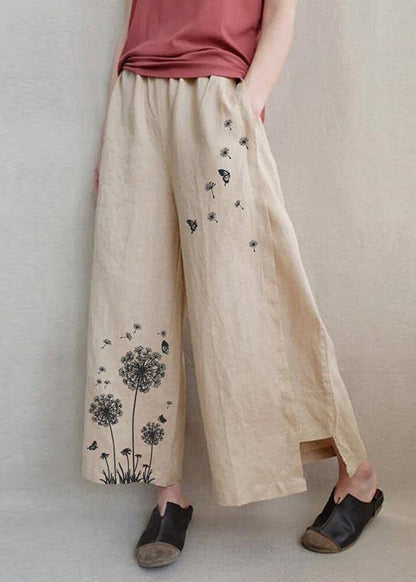 Handmade Khaki Print Dandelion Wide Leg Pants Summer Cotton Linen - SooLinen