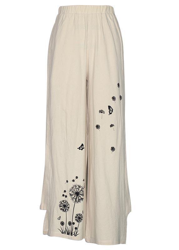Handmade Khaki Print Dandelion Wide Leg Pants Summer Cotton Linen - SooLinen