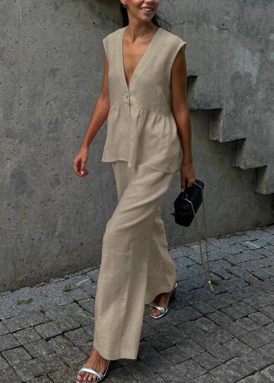 Handmade Khaki V Neck Patchwork Waistcoat And Wide Leg Pants Two-Piece Set Sleeveless