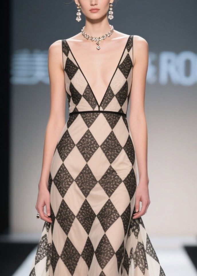 Handmade Khaki V Neck Plaid Chiffon Sundress Summer