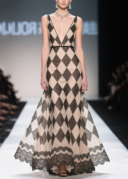 Handmade Khaki V Neck Plaid Chiffon Sundress Summer