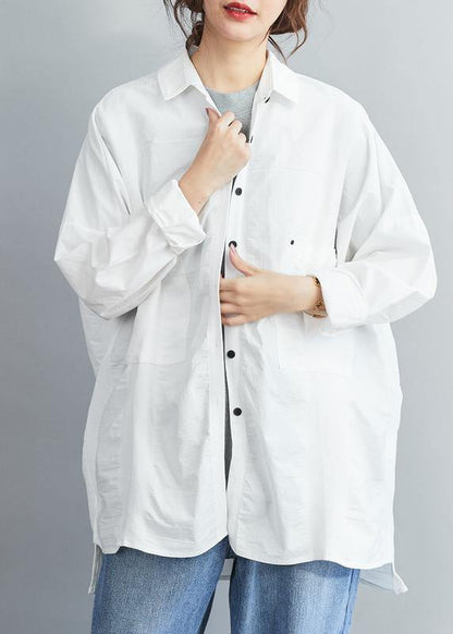 Handmade Lapel Collar  Cotton spring Clothes White tunic shirt - SooLinen