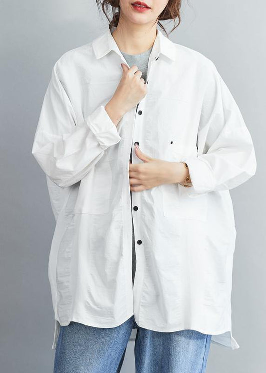 Handmade Lapel Collar  Cotton spring Clothes White tunic shirt - SooLinen