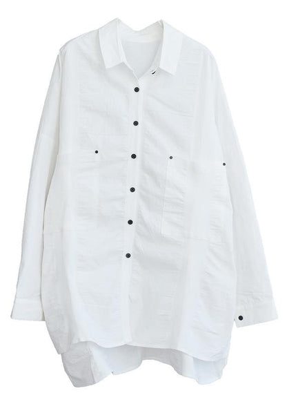Handmade Lapel Collar  Cotton spring Clothes White tunic shirt - SooLinen