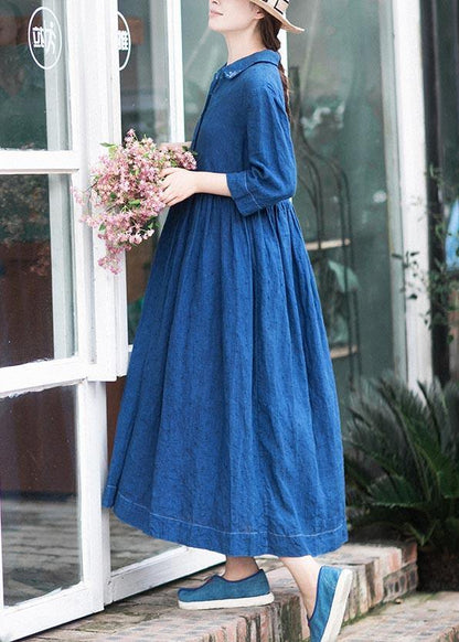 Handmade Lapel Half Sleeve Spring Tunics Shirts Blue Dress - SooLinen