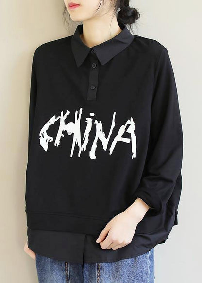 Handmade Lapel Patchwork Spring Shirts Sleeve Black Letter Shirt - SooLinen