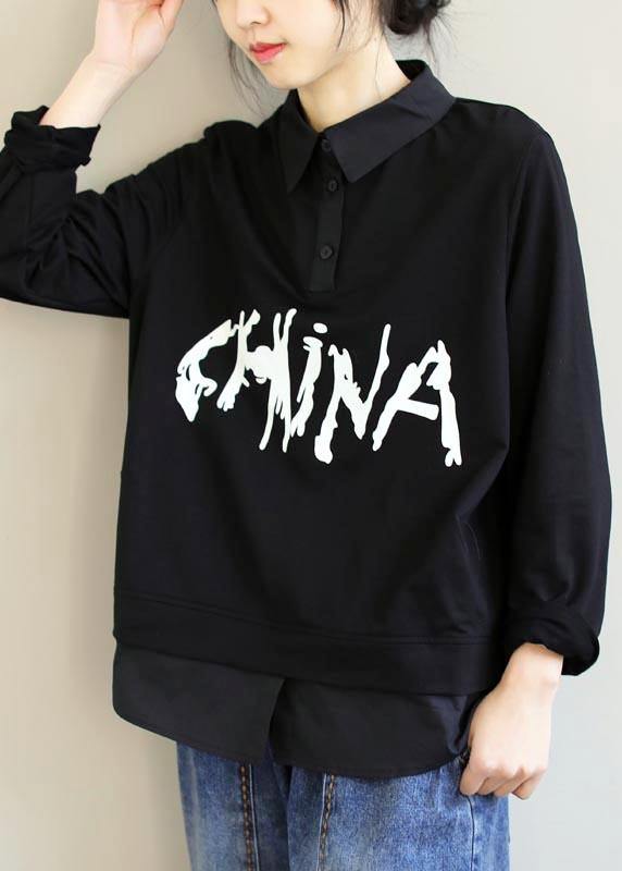 Handmade Lapel Patchwork Spring Shirts Sleeve Black Letter Shirt - SooLinen