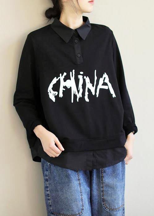 Handmade Lapel Patchwork Spring Shirts Sleeve Black Letter Shirt - SooLinen