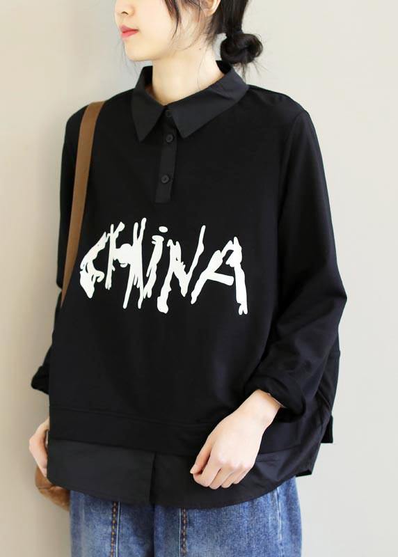 Handmade Lapel Patchwork Spring Shirts Sleeve Black Letter Shirt - SooLinen