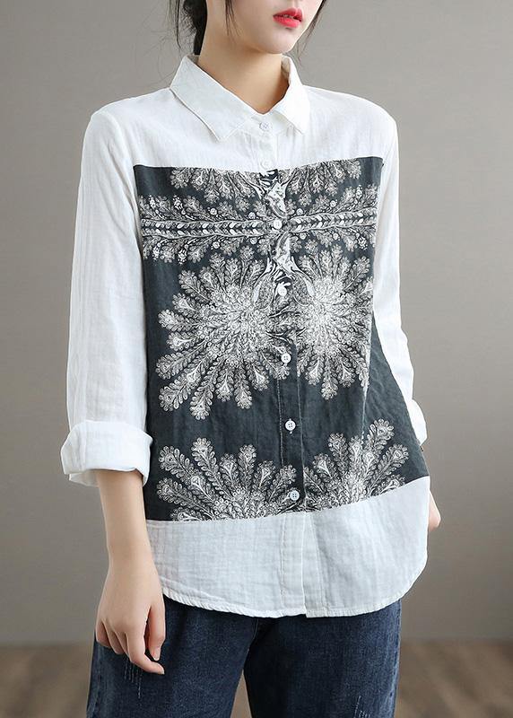 Handmade Lapel Patchwork Spring Top Silhouette Tutorials White Top - SooLinen