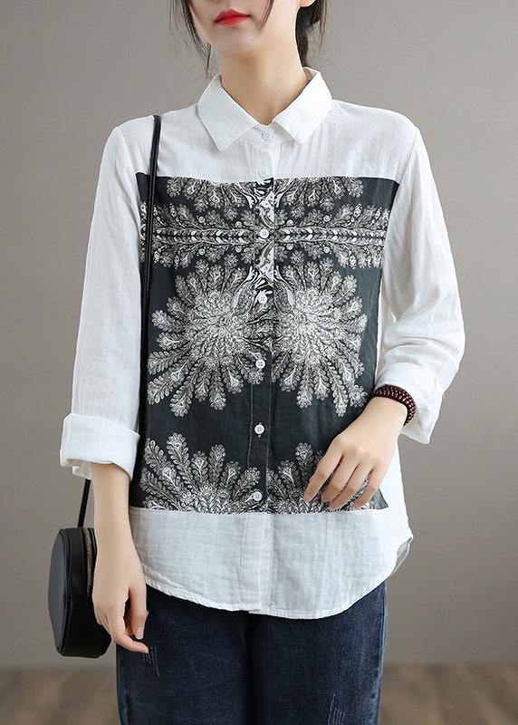 Handmade Lapel Patchwork Spring Top Silhouette Tutorials White Top - SooLinen