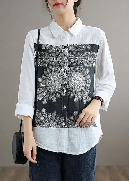 Handmade Lapel Patchwork Spring Top Silhouette Tutorials White Top - SooLinen