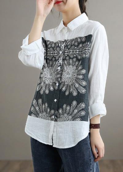 Handmade Lapel Patchwork Spring Top Silhouette Tutorials White Top - SooLinen