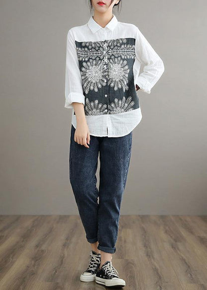 Handmade Lapel Patchwork Spring Top Silhouette Tutorials White Top - SooLinen