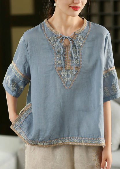 Handmade Light Blue Embroidered Lace Up Linen Shirt Tops Summer