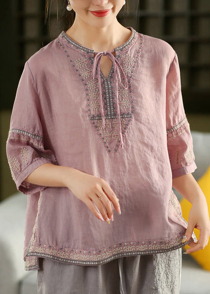 Handmade Light Blue Embroidered Lace Up Linen Shirt Tops Summer
