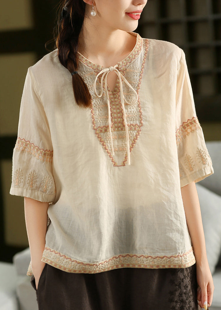 Handmade Light Blue Embroidered Lace Up Linen Shirt Tops Summer