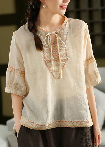 Handmade Light Blue Embroidered Lace Up Linen Shirt Tops Summer