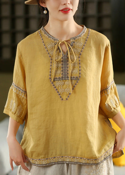 Handmade Light Blue Embroidered Lace Up Linen Shirt Tops Summer