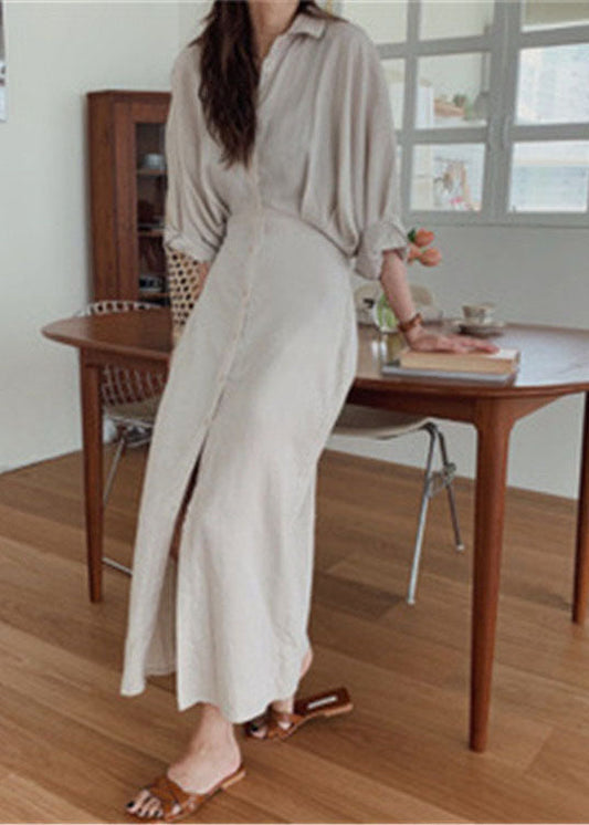 Handgemachtes Helles Schokoladen Fledermausflügel Ärmel Patchwork Baumwoll Shirt Kleid Langarm